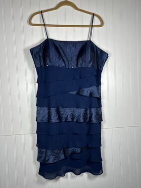 VTG SL Fashions Evening Sz18 Navy blue ruffle spaghetti strap mini dress beaded